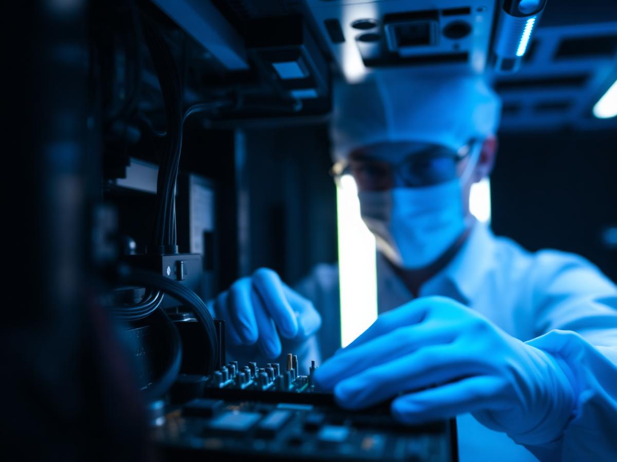 Técnico reparando una tarjeta madre en el taller